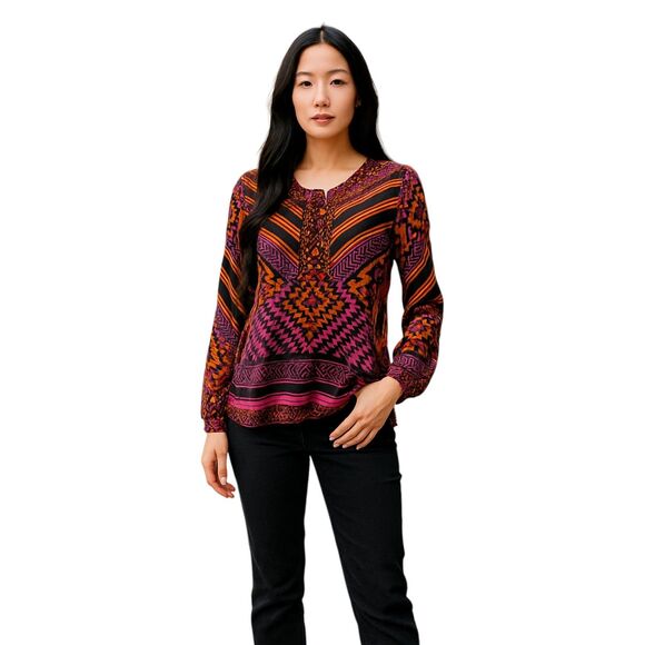 Hale Bob X-Small Multi Color Print All Viscose Blouse Long Sleeves Tie Placard - Picture 1 of 16